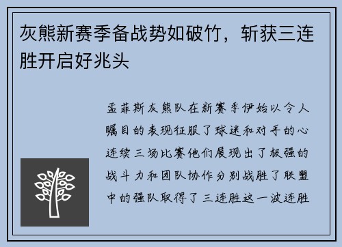 灰熊新赛季备战势如破竹，斩获三连胜开启好兆头